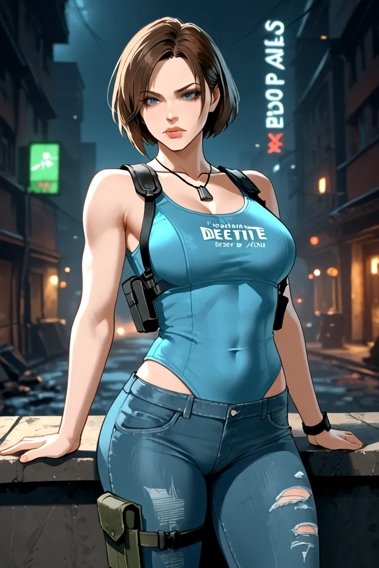 Create  character similar to Jill Valentine by resident evil 3 remake designer , with tight jeans short hair. body hot.