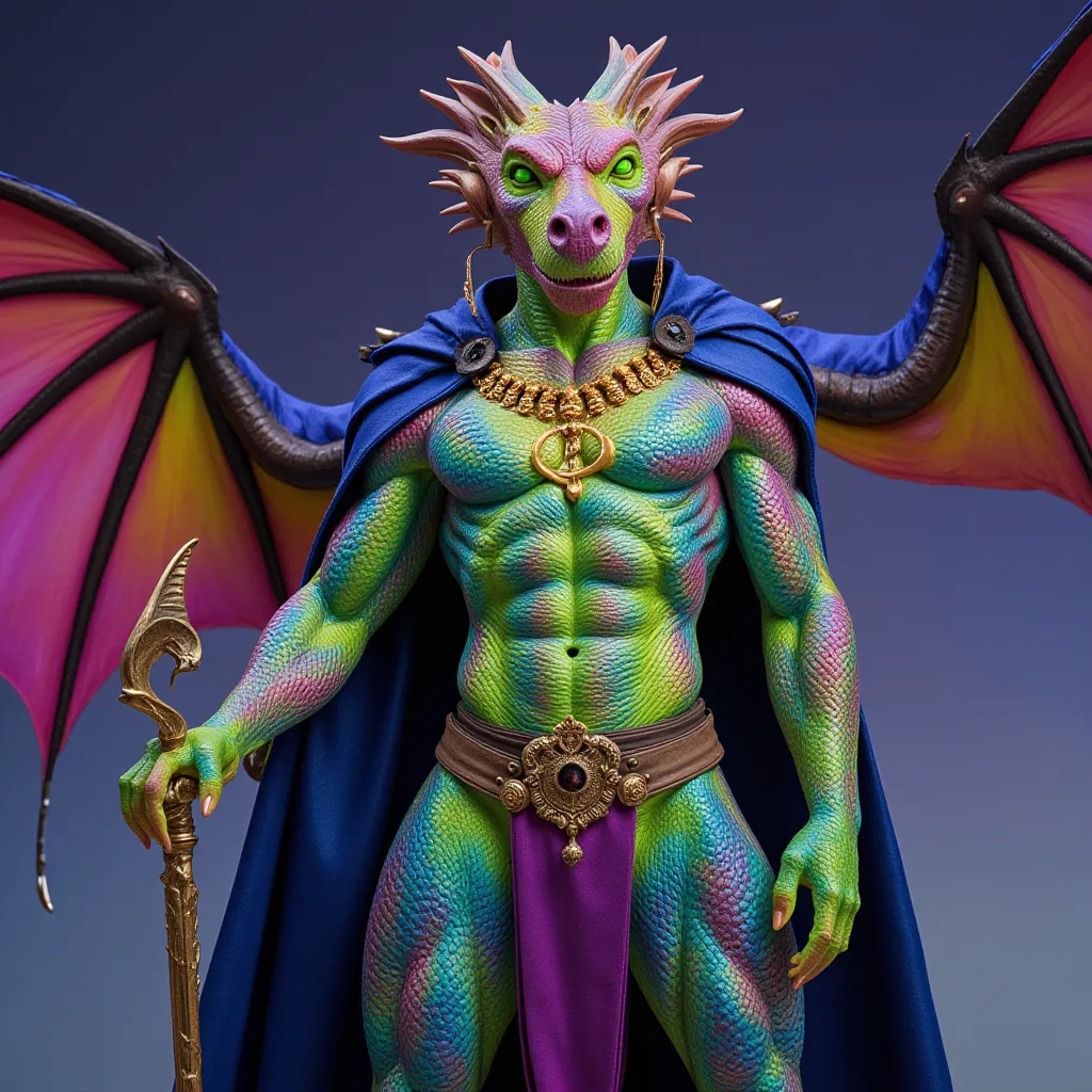 Hyper realistic photo image. Beautiful Male Celestial rainbow anthropomorphic wingless fairy dragon God. Full coverage of bright rainbow colored prismatic iridescent metallic scale wingless fairy dragon-anthropomorphic male hybrid with v-shaped torso very ...