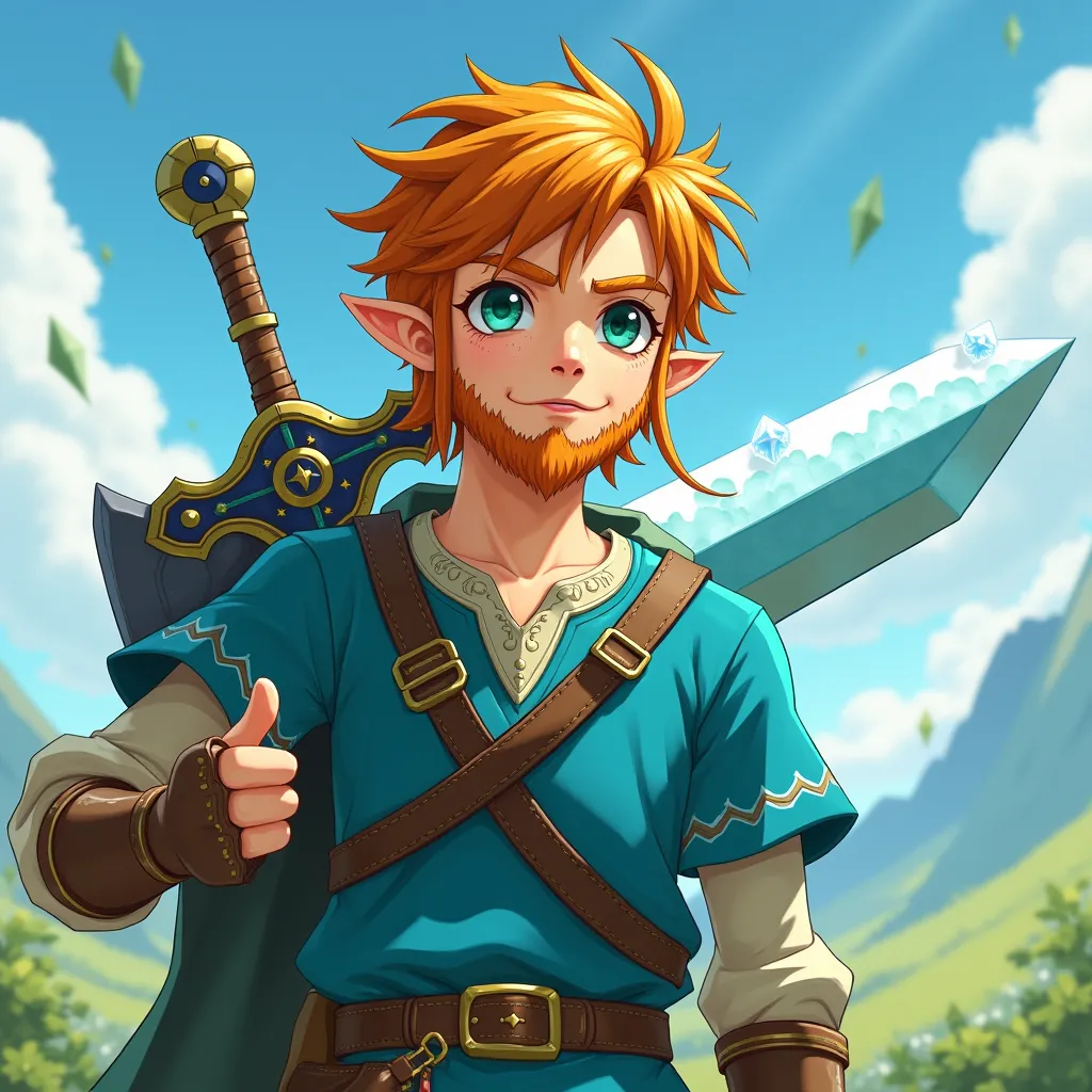 Legendary Male, Ginger, green eyes, freckles, short hair, unshaven beard, Zelda style in open world combat, holding the great frostblade, 4K, game character design, CGSociety, vibrant, award winning masterpiece. Panorama view. Anime style