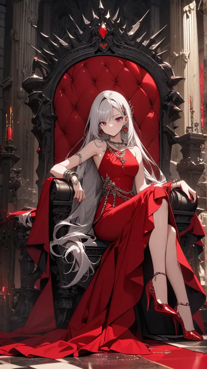 beautiful young lady, long silver hair, ruby-red eyes, long red dress, high heels, bare shoulders, throne, bracelets, necklace, earrings, hairpin, jewellery, gems, red nail polish, dark castle.