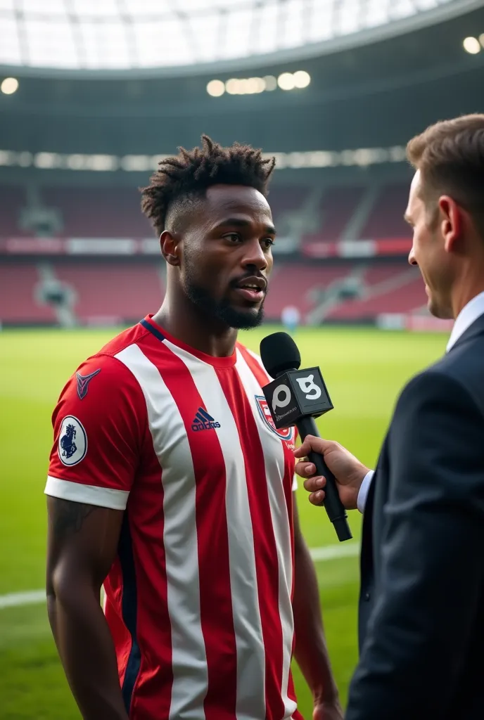 A dark-skinned player but I don't try dark-skinned giving an on-field interview with a reporter and the player wears a striped red and white jersey without any sponsorship or shield