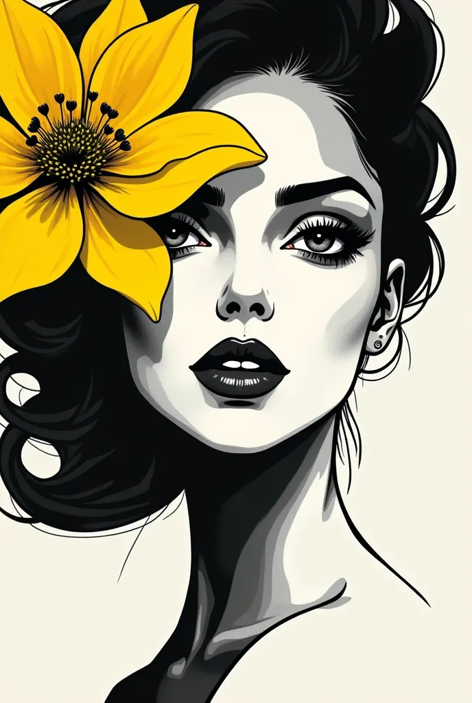 Stylized black and white woman's face design with yellow mimosa