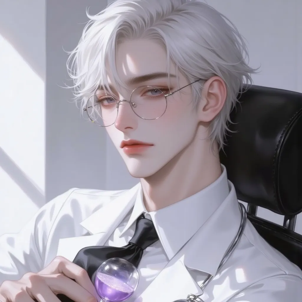  man, 1 person, Age 25 years , White Shirt, Black Tie,  neat white hair , Wear silver-framed glasses,  Purple, , Cold face, White office background, Light from the sun,   casting, Slightly slanted face , light mouth, , Warm Glitter, Clear zigzag pattern de...