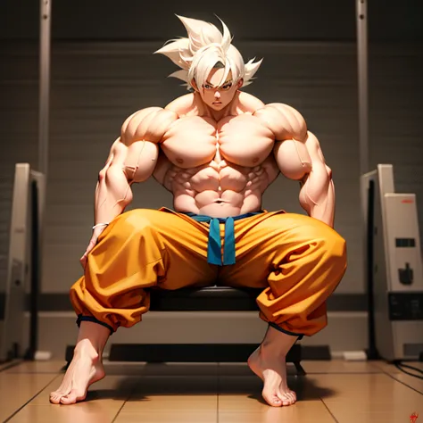 ( A detailed drawing of goku , Gymnastik room fighting .), With a naked torso, red fundoshi , huge muscular body, shredderd Body, big Bizeps, big shoulders, Muscle legs,abs, Barefoot,auf einer Matte in der  Turnhalle, high step, Full body image, side chest...