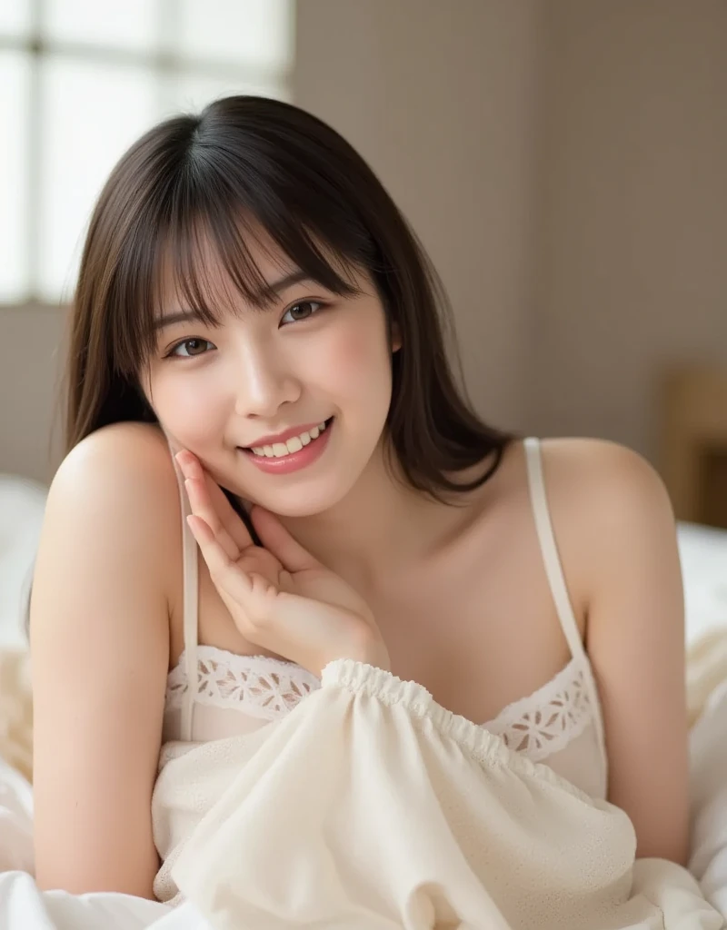 A young and beautiful Japanese woman in a camisole is lying on her back on the bed. She is smiling sweetly. Ultra high resolution, ultra high quality photo.