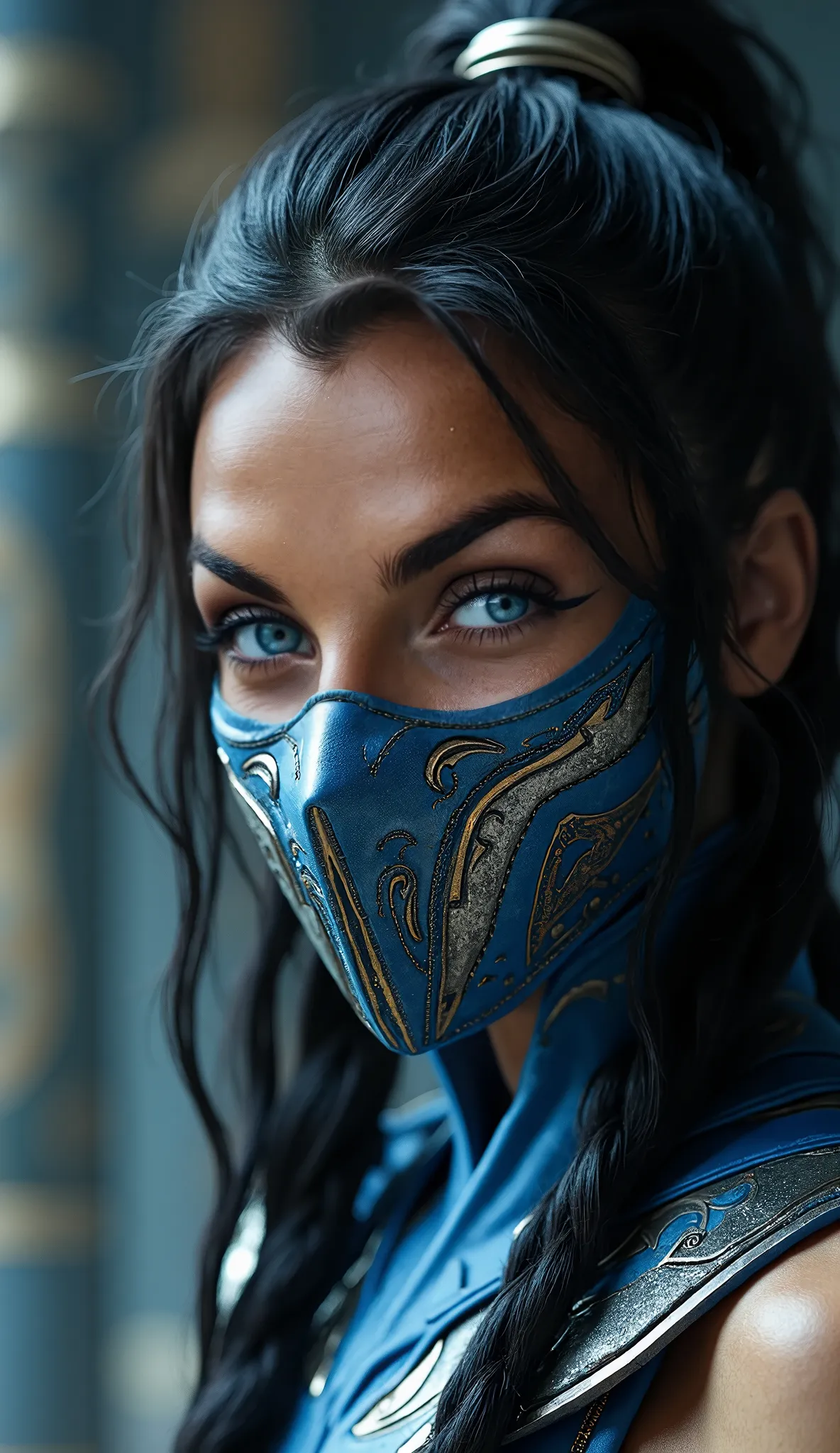 Here is a detailed prompt to generate an image **hyperrealistic** by Elettra Miura Lamborghini as ****, focused **only on the face**, with a blue mask and silver details, e um cenário de fundo hyperrealistic: --- **"Close-up hiper-realista do rosto da Gal ...