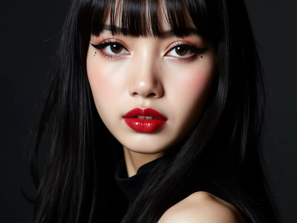 extremely glossy red lips, eyeliner flicks, latex bodysuit, close up portrait of her face