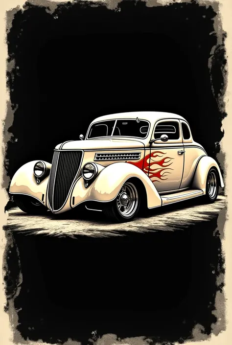 Line drawing of an old Ford 1937 rat rod car. distressed border color with flames that start in the front fender and end in the rear fender on the sides. Rockabilly style black background seen on the side.