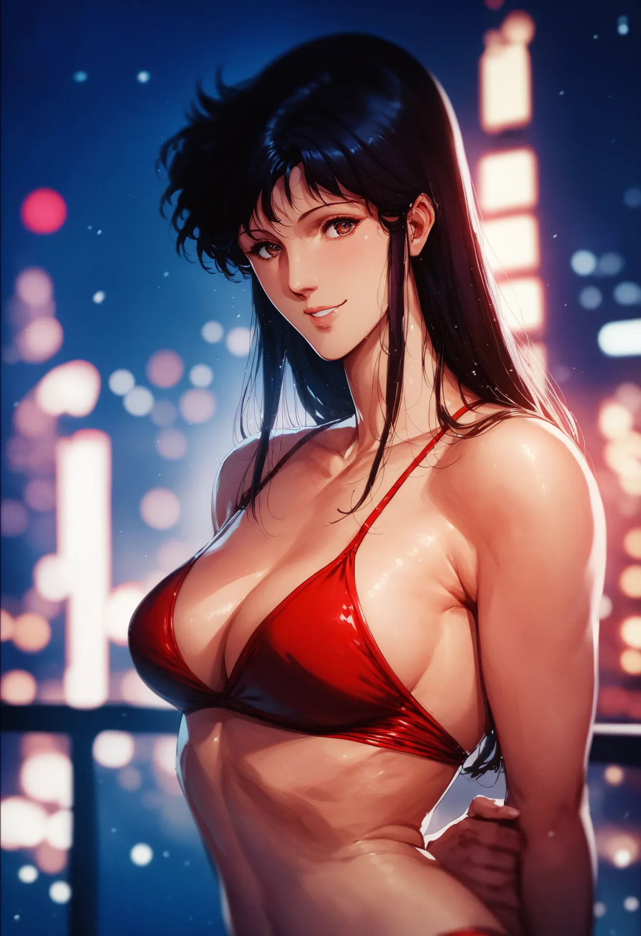 1girl,  , red mini bikinis, smiling, seductive, hands behind your back, Night, cityscape, blurred background, depth of field, lighting, BREAK check_9, check_8_ upwards, check_7_ upwards, check_6_ upwards, check_5_ upwards, check_4_ upwards,  eastnik_anime,...