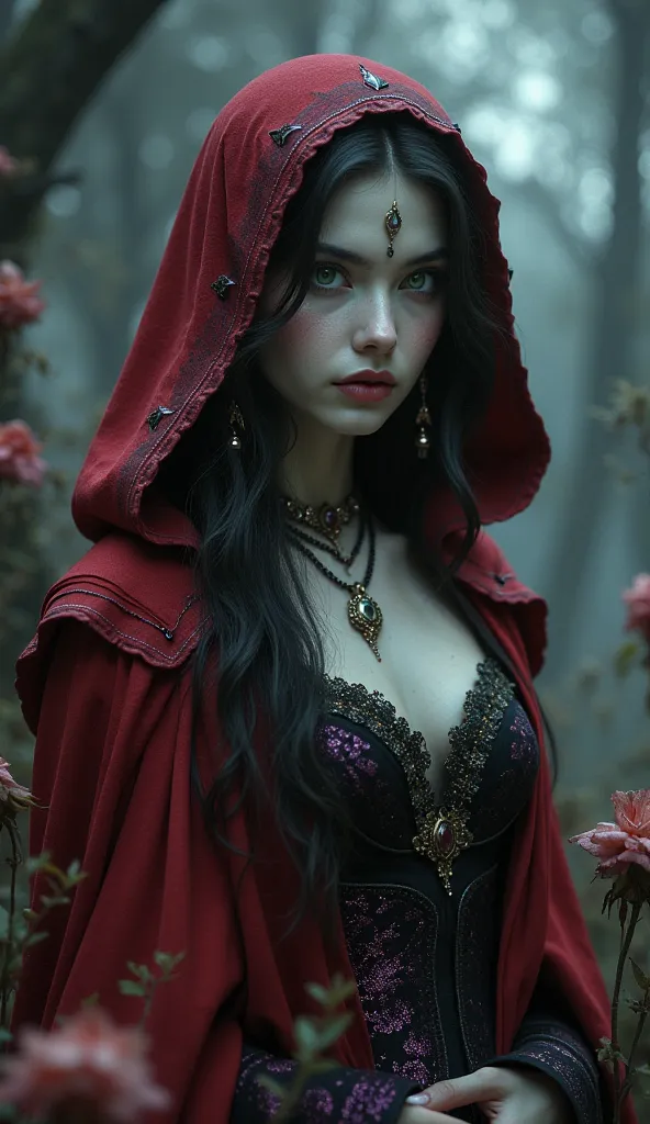 a beautiful woman with a pale complexion, green eyes, long black hair, wearing a red hood and black dress with purple accents, necklace, earrings, tiara, spooky with wilting flowers, forests, royalty, ethereal beauty extremely detailed face and eyes, intri...