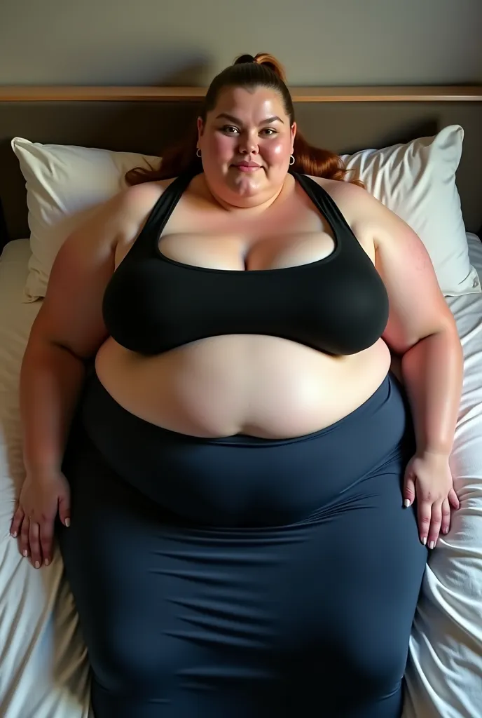 In room, high angle view, a massive ass pawg voluptous plus sized 25-year old white student with huge fat protruding bloated belly lies on his side on the bed, light brunette slickback ponytail, slight face wrinkles, hoop earings, realistic tongue, wide bo...