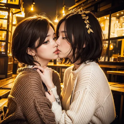 (Representative works:1.4)、(32K、photorealistic、RAW photo、Highest image quality:1.4)、(two 30 year old mature woman is deeply in love with each other, kiss:1.4)、beautiful face、(realistic face)、(dark brown hair、short hair:1.3)、beautiful hairstyle、realistic ey...