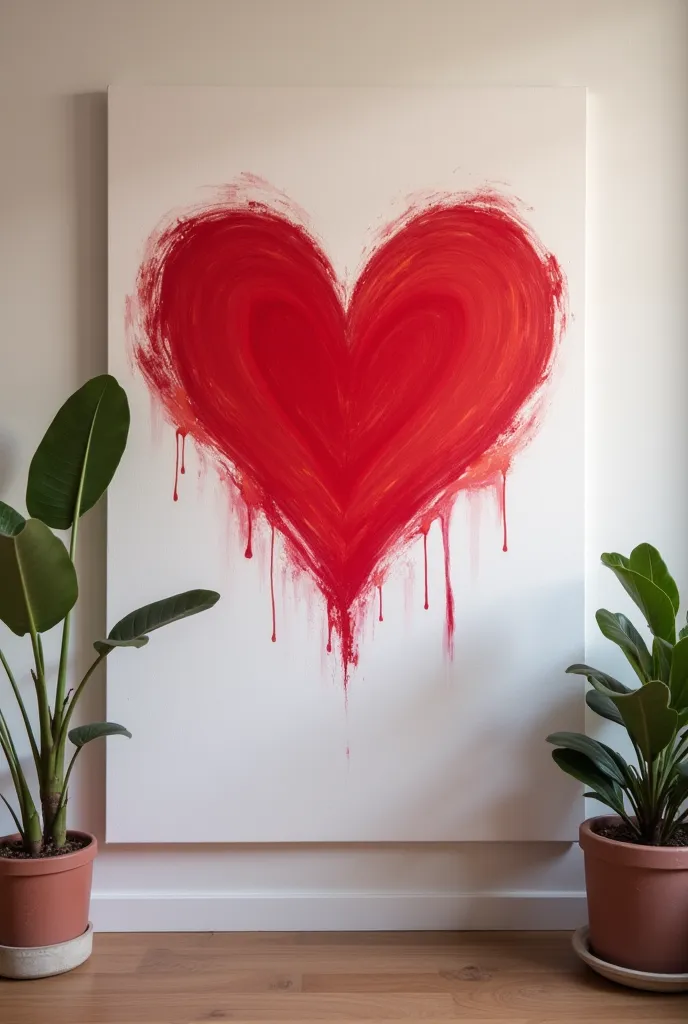 Make a picture of a red and white heart in oil on the wall, that seems to be taken by a cell phone 