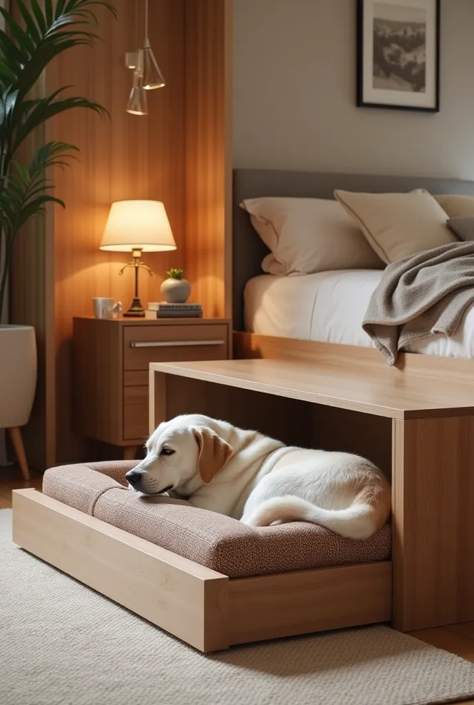 A hidden dog bed in a bedroom that is useble