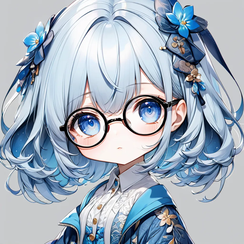 cute chibi woman, light blue short cut, long blunt bangs with hair over eyes, thick round glasses for nearsightedness, dull and unfashionable clothes, ultra detailed, absolutely resolution, masterpiece