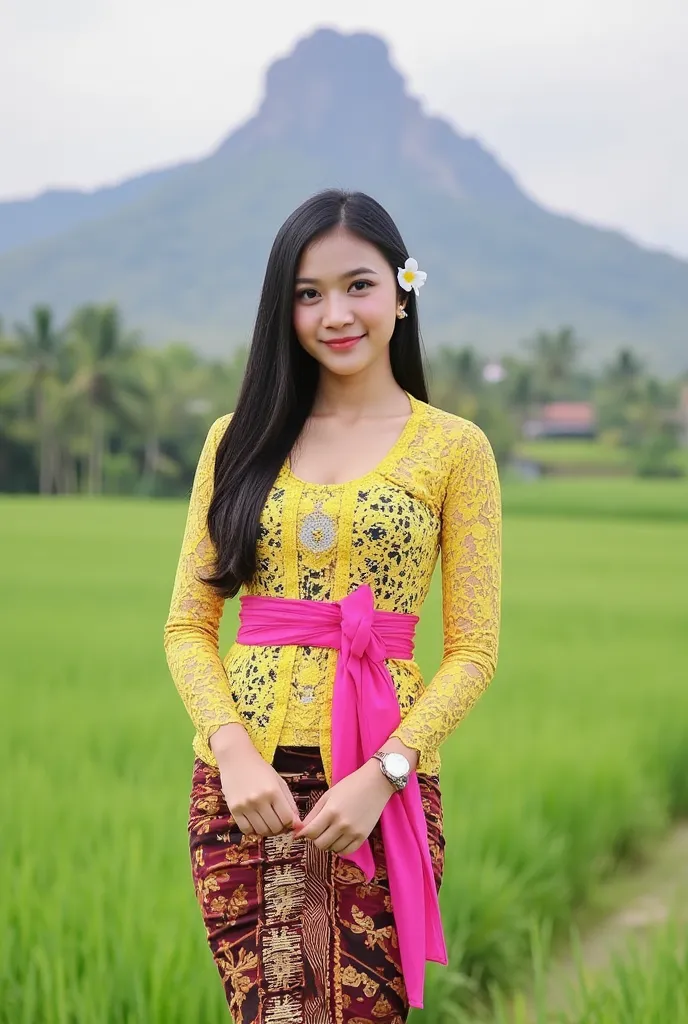 "A high-resolution, full HD photo with hyper-realistic quality, full body. A beautiful 20-year-old Japanese-looking girl with long straight hair, wearing a traditional Balinese kemben kebaya. The background consists of green mountains, rice fields, and lus...