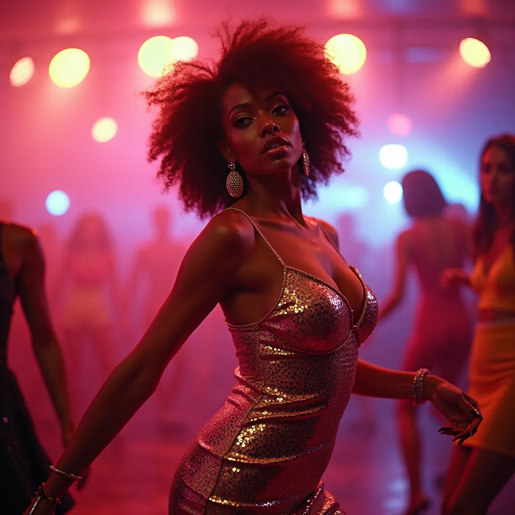 A gorgeous 1980s model is captured mid-dance in a vibrant retro disco club, with colorful strobe lights illuminating her sparkly sequined dress with shoulder pads. Her hair is styled in a voluminous perm, and her big, bold earrings sway as she moves. The i...