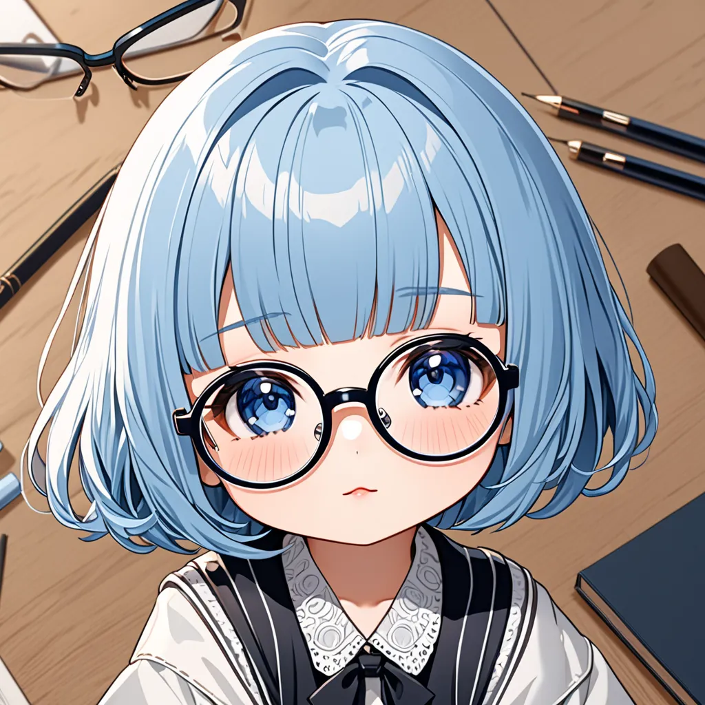 cute chibi woman, light blue short cut, long blunt bangs with hair over eyes, thick round glasses for nearsightedness, dull and unfashionable clothes, ultra detailed, absolutely resolution, masterpiece