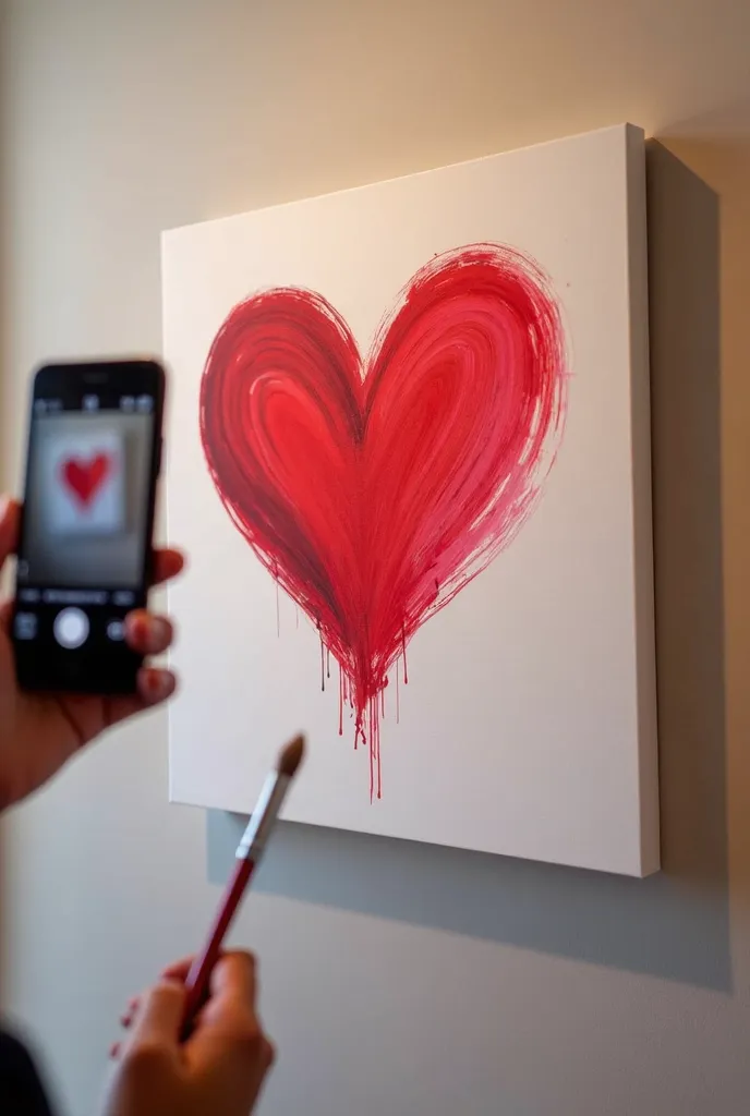 Make a picture of a red and white heart in oil on the wall, that seems to be taken by a cell phone 