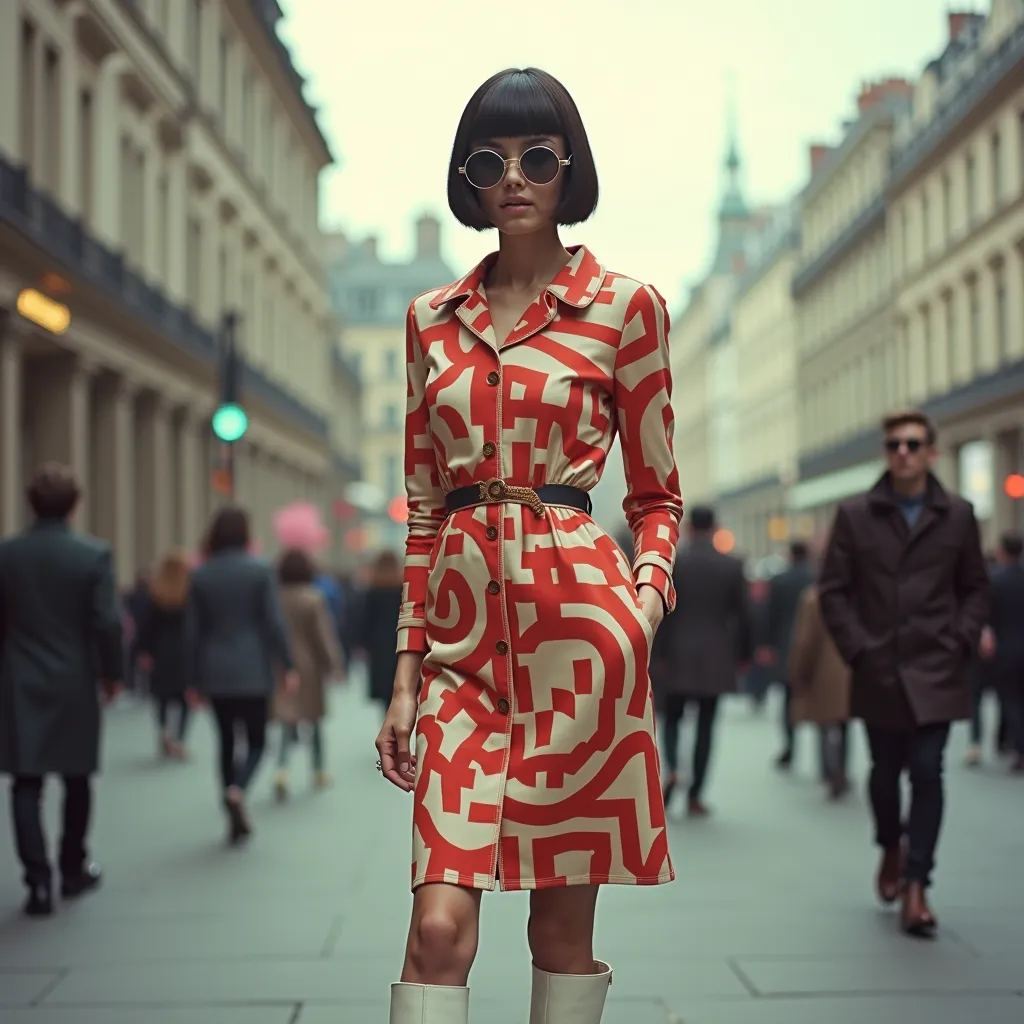 A stylish 1960s model stands confidently on a busy city street, wearing a bold geometric-patterned mod dress, knee-high white boots, and oversized round sunglasses. Her sleek bob haircut and winged eyeliner enhance her iconic London mod fashion look. The i...