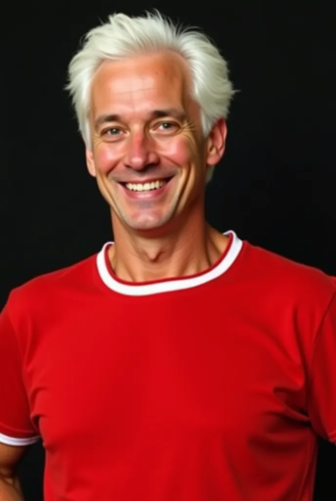 Male fiery eyes without pupils and laughing, Do you have slightly large white hair, A vibrant red t-shirt with a collar, white sleeve edges and bottom hem,  in retro style . Just the dark background shirt covering almost everything