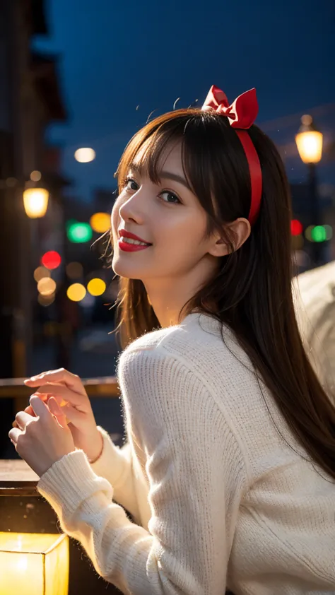 (extremely delicate and beautiful: 1.2), 1girl, bangs, blue eyes, blur, blur background, bow, brown hair, shut up, side view, hair between eyes, hair bow, lantern, light particles, long sleeves, look looking at audience, medium hair, night, red bow, solo, ...