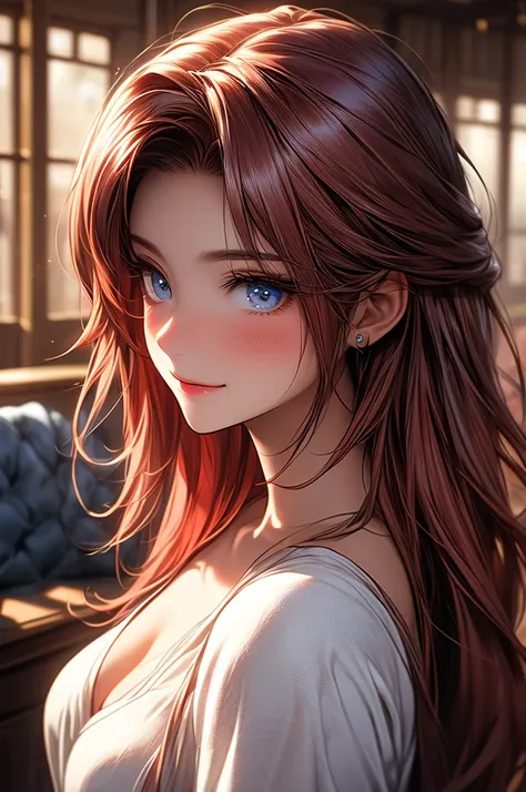 Masterpiece, ((1 girl, Red Hair)), ((Best Quality)), (Ultra-detailed), Highly detailed, ((Big Breasts)), ((Close up)), Perfect Lighting, Perfect background, ((Long Hair, Red Hair, Blue eyes)), ((18-years-old, Young Girl, Upright body View)), ((White-Skinne...