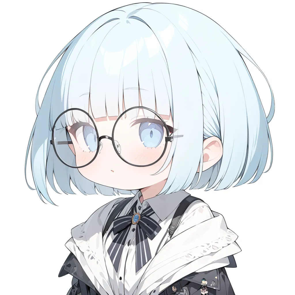 cute chibi woman, light blue short cut, long blunt bangs with hair over eyes, thick round glasses for nearsightedness, dull and unfashionable clothes, ultra detailed, absolutely resolution, masterpiece