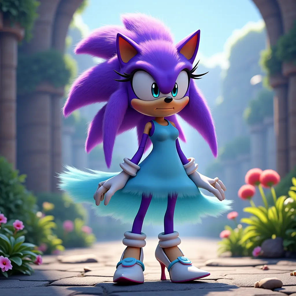 Purple female Hedgehog. long quills. Sonic the hedgehog Universe. Light Blue dress. White heals. Blue eyes.