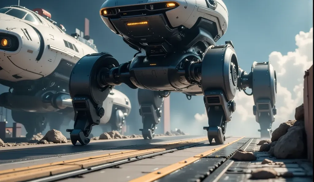 realistic, photorealistic, worked out to the smallest detail, shot on Canon EOS 5D Mark IV, a masterpiece, the best quality, high, absurd, the latest high-tech multi-legged robot carries a container on its back, a man in an ultramodern high-tech jumpsuit w...