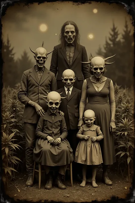 Daguerreotype, tintype. Bizarre, creepy, weird stuff, detailed surreal scene, outdoors, humanoid family with distorted features, unnatural anatomy, twisted haunted detailed facial expressions, unsettling atmosphere, field of Marijuana plants behind them, g...