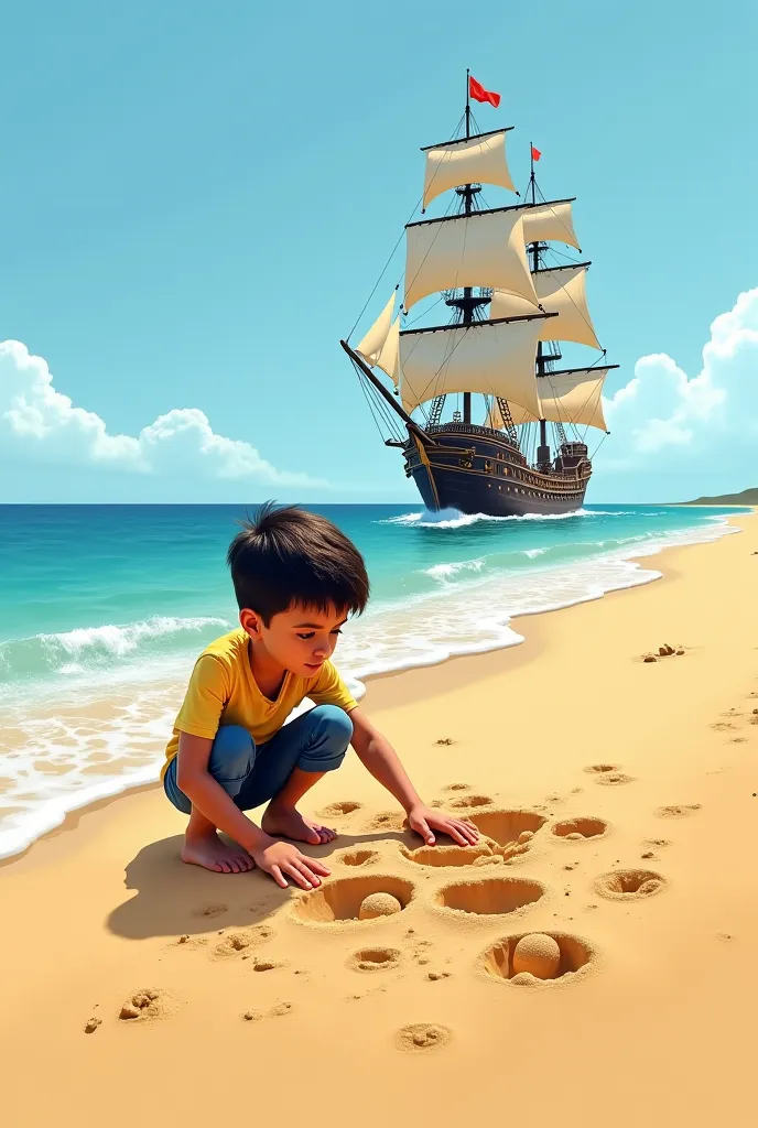 2D drawing style: a boy plays in the sand behind him at sea a large pirate ship is approaching 