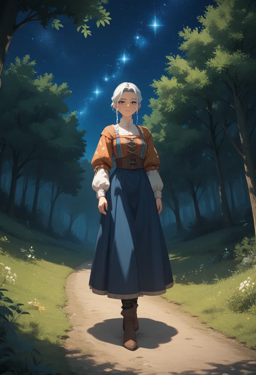 The setting is an old, worn-out road in a forest at night, under a starry sky with a light mist around, creating a mysterious and mystical atmosphere. anime, best quality, 4k, medieval setting