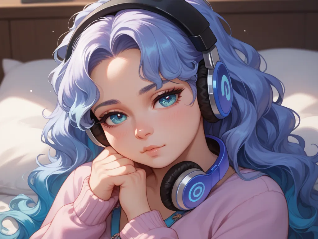 woman, with a balanced chubby body, her long wavy hair, dark blue color with white streaks in her hair, lilac eyes with large eyelashes, wearing a beautiful and comfortable outfit for her, hair tied up, headphones in her ears and a sleepy expression . slee...