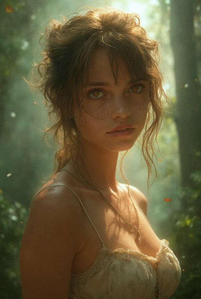 full length view, girl, tanned skin, dystopian, anime style, tousled hair, black hair, amber eyes, rough, messy, big eyes, reflective eyes, perfect eyes, gritty realism, dirt, dark, lwash, glowing eyes, divine rays, forest, leaves, aerial, sunlight, sunny ...