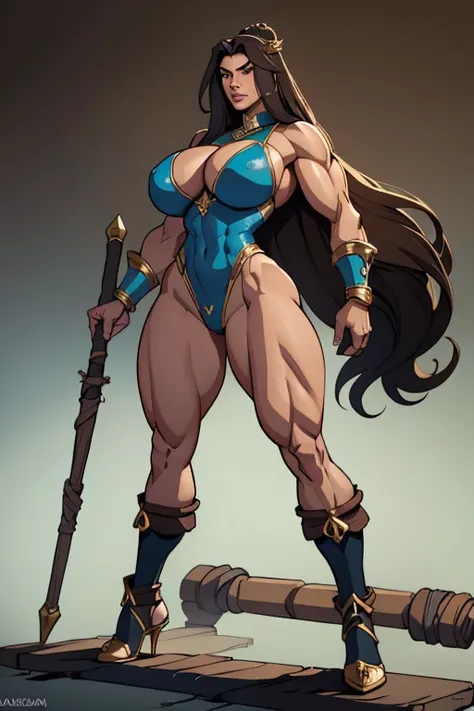 Very beautiful huge calf bodybuilder similar to Vladislava Galagan with very long hair of giant breasts gigantezca strength, (Sexy barbaric outfit: 4), legs apart, full body centered using half image width,