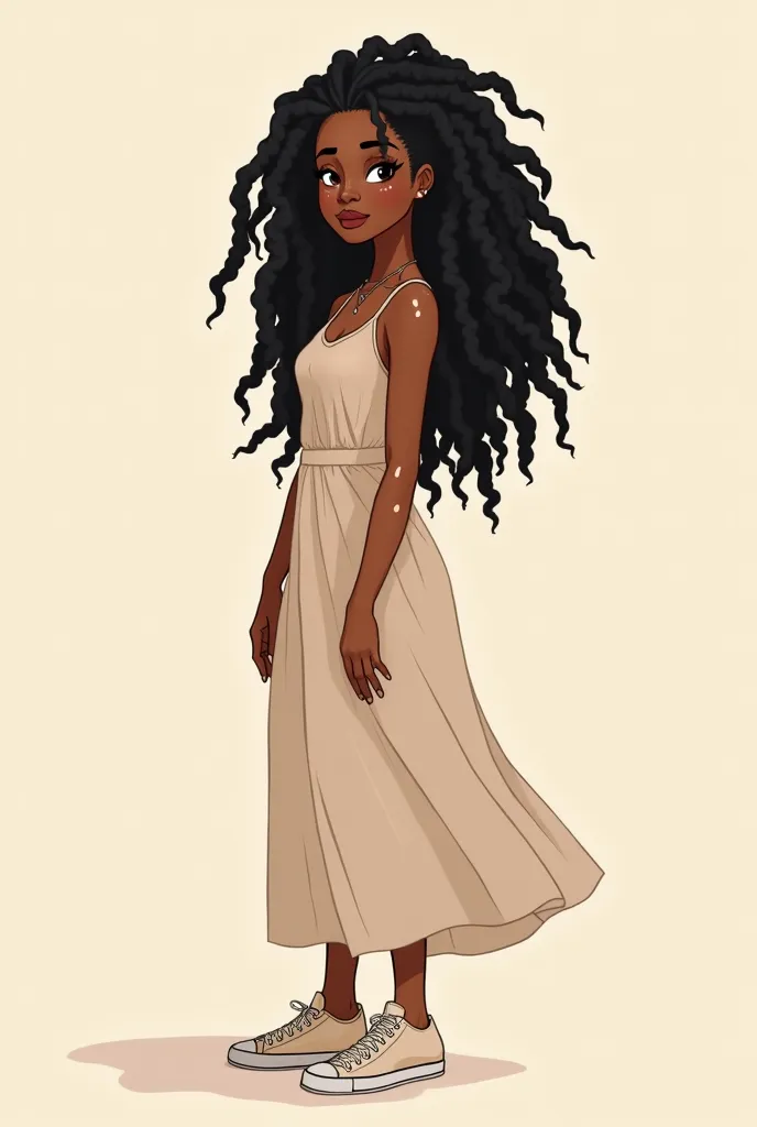 Drawing in the style of princess_kay_ on IG of a black girl with sisterlocks, specks, in a long dress and sneakers