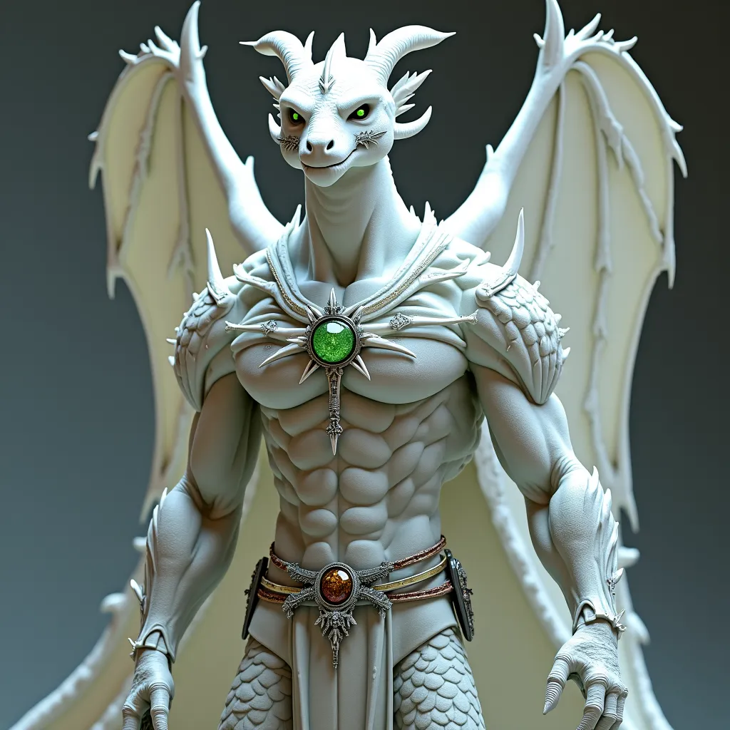 Hyper realistic photo image. Beautiful Male Celestial white anthropomorphic wingless dragon God. Full coverage of bright white colored pearlescent iridescent metallic scale wingless dragon-human hybrid anthropomorphic male with v-shaped torso very extreme ...