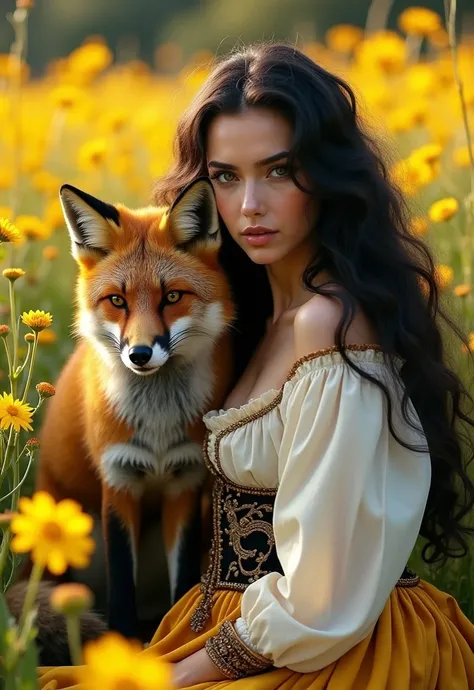  a white-skinned woman, with long black wavy hair, scene wearing a white blouse with gold details and a yellow skirt with black and gold ruffles, recalling an ancient dress. She is next to a large and lush fox, demonstrating cunning, distrust and clevernes...