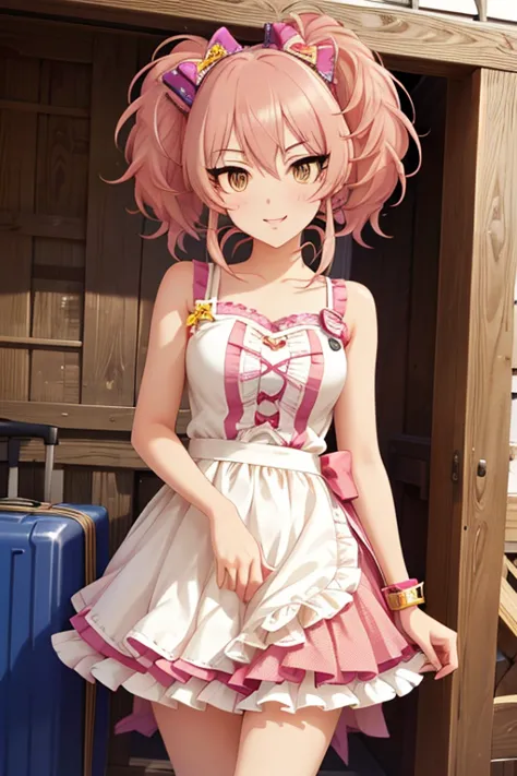 jougasaki mika,twin tails, hair bow,pink hair, , (Sparkling Eyes, fine grain)、smile、super detailed eyes、very detailed faces, very elaborate eyes,
 the most beautiful and sexy girls who knocked on the farmhouse door ,   person holding luggage standing outsi...