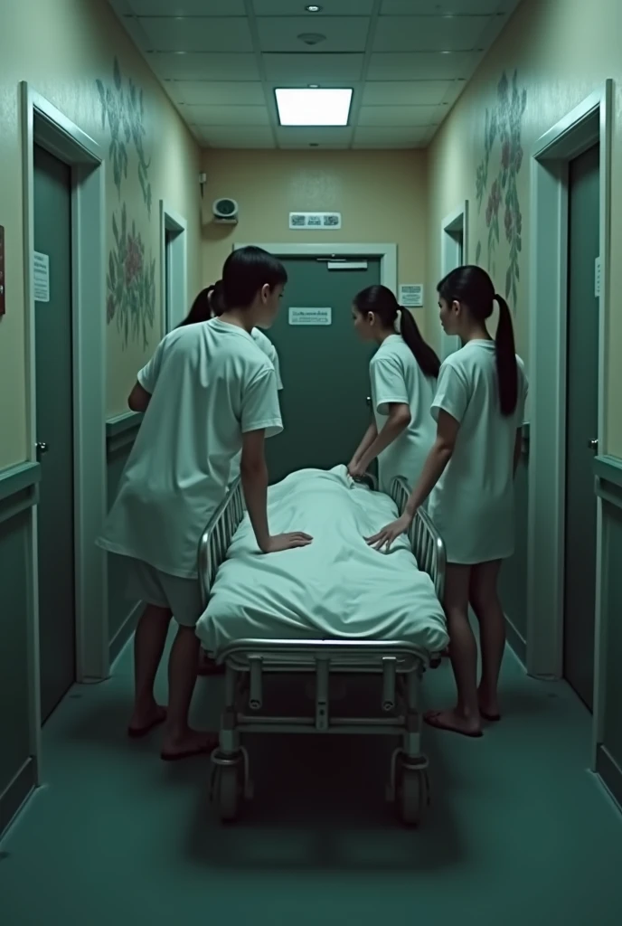 “Create a video inside a simple, popular hospital corridor with dim lighting and walls painted with old-fashioned decorations. A group of people, perhaps nurses or paramedics, wearing simple medical clothing, stand on their backs, quickly pulling a stretch...