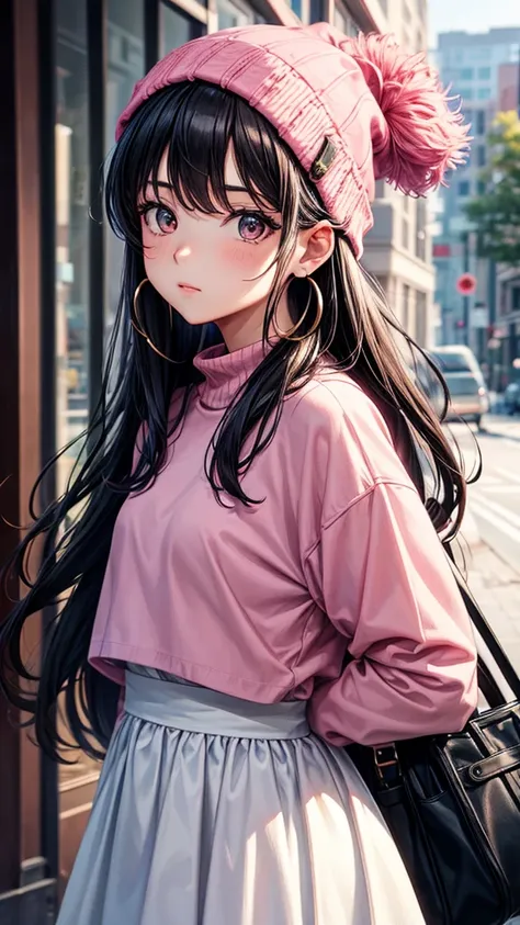 Criop top pink wearing by woman,1girl, solo, long hair, black hair, written clothes, brown eyes, looking at the viewer, beanie, lips, upper body, closed mouth, shirt, earrings, https://i.postimg.cc/tCDfNDvp/Screenshot-20230606-212445.png