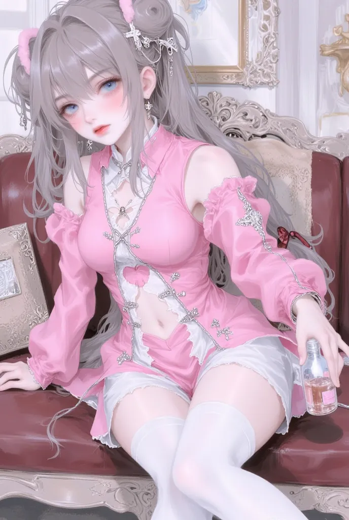 ((Top Quality)), ((Excellent Performance)), (Details), (NSFW (no access to)), the cartoon girl is Seating  on the couch wearing a pink outfit and holding a bottle, 1 girl,  solo, thigh-high stockings, Twintail, Pelvic Curtain, white thigh-high stockings, D...