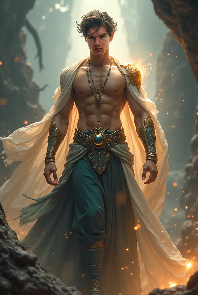 Handsome young guy, fantasy, god, ultra-beautiful, mythical. (Please use the input image to determine the strength/aspect of the person, write the name of the force and the name of the person) 