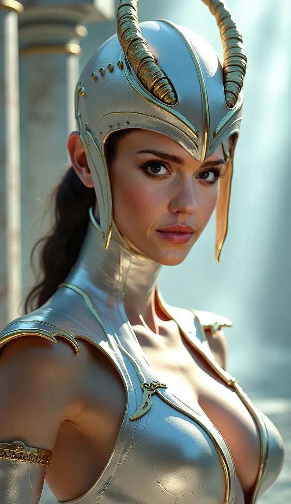 Here's a detailed prompt to generate a super realistic image of Alexandra Daddario as Ashrah, with her shiny white metallic outfit, in addition to her shiny white metallic hat: "Hyper-realistic close-up of Alexandra Daddario as Ashrah, the redeemed demonic...