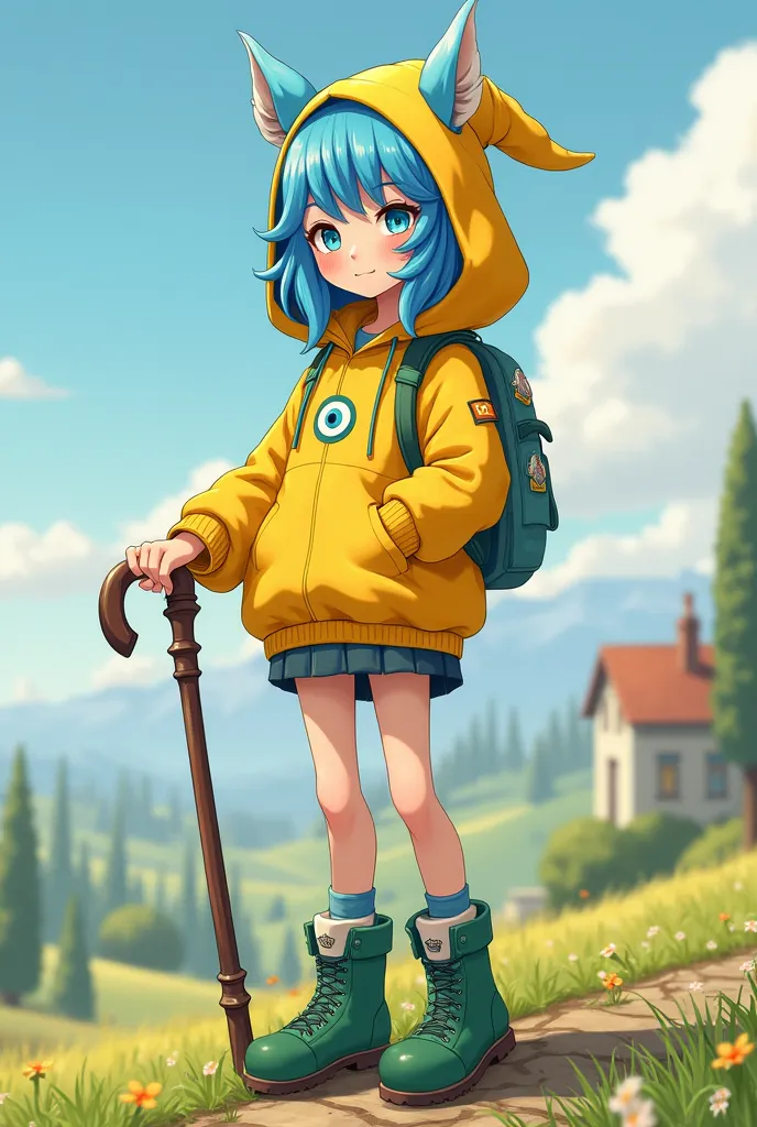  Draw a female character , , inspired by the Luce ( Vatican mascot  ).  with blue hair, Yellow Hooded Jacket, light blue eyes, green boots, a third around the neck, and a cane similar to those used by sheep herders. Realistic SimpleMix-style image