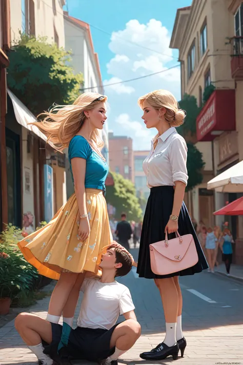 2 women, 1 boy
The blonde is dressed in a short dress, the brunette in a blouse and skirt, the boy in shorts
The women are standing on the street talking, the boy is squatting between them, he is looking up.
The wind lifts the skirts of the women, the pant...