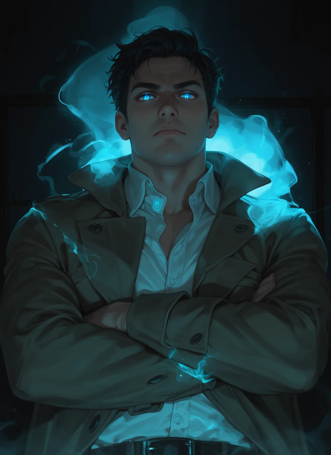 safe_pos, dopq, score_9, score_8_up, score_7_up, 1boy, solo, upper body, trench coat, white shirt, short messy hair, stubble, glowing eyes, blue eyes, arms crossed, serious expression, ghost, specter, ethereal, glowing blue, dark atmosphere, cinematic ligh...