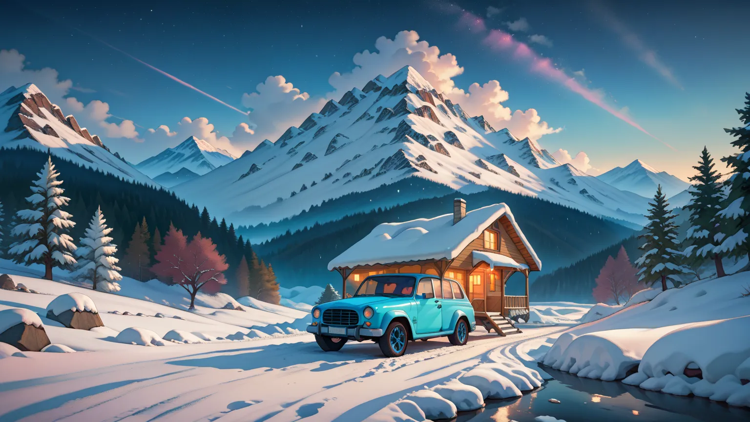 "An anime-style woman with violet eyes and pastel blue hair sits inside an off-road car parked on a snowy mountain trail under a starry night sky. She wears a practical black jacket, her excited expression reflecting the thrill of the journey. Outside, the...