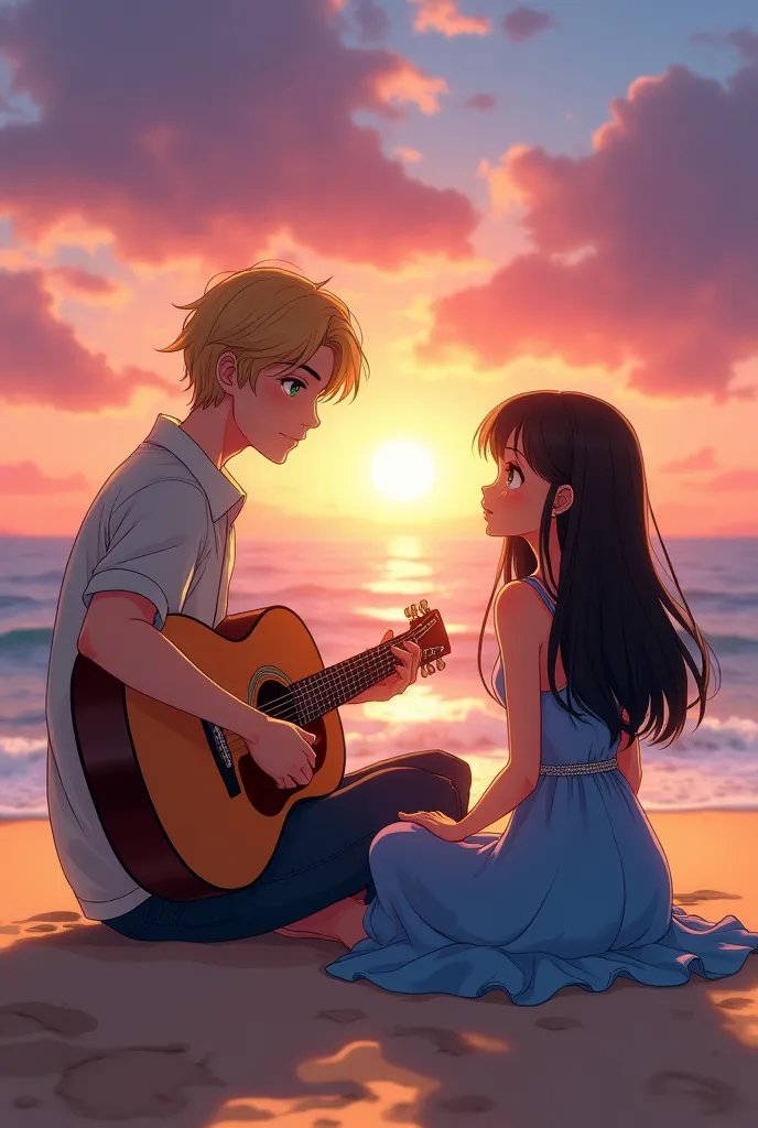 


Create An anime-style illustration of  couple sitting on a peaceful beach during a breathtaking sunset. The man is tall, with blonde hair styled in a middle-parted ‘curtain’ look, striking green eyes, and fair skin. He is dressed in a comfortable, casua...